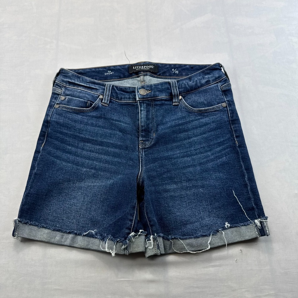 Liverpool Jean Shorts Womens 6/28 Blue Denim Stretch Cuffed Frayed Hem 5 Pocket